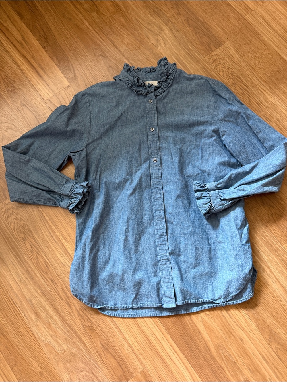 J. Crew Chambray Ruffle Collar Button-Up Blouse sz 10